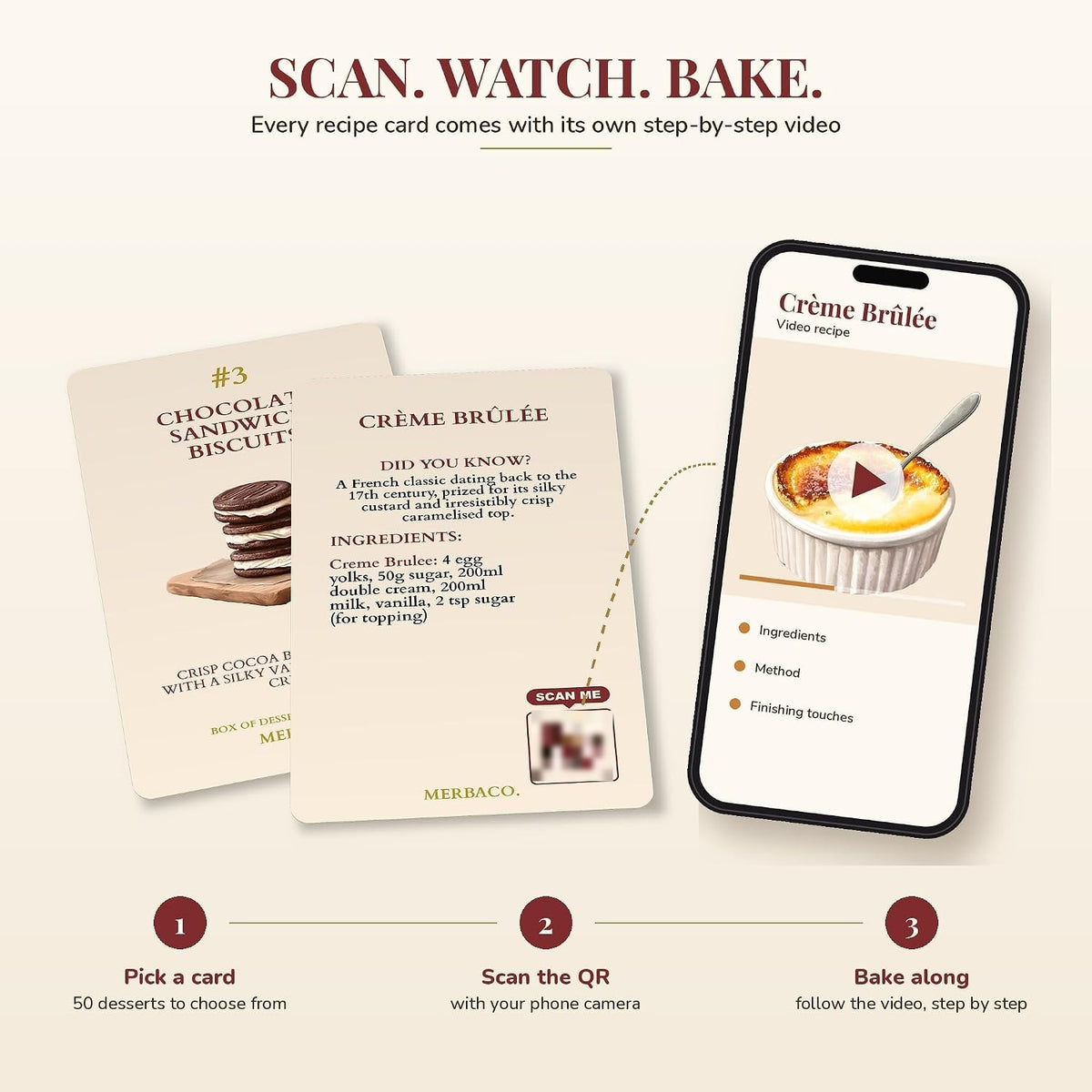 Scan, watch, bake: each card's QR code opens a step-by-step video recipe