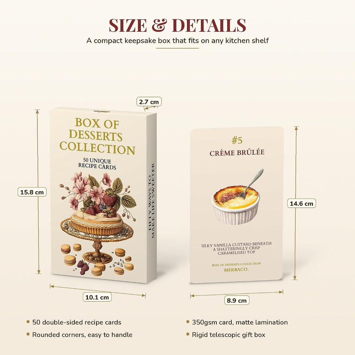 Size and details: 15.8 x 10.1 x 2.7 cm box, 8.9 x 14.6 cm cards, 350gsm matte card