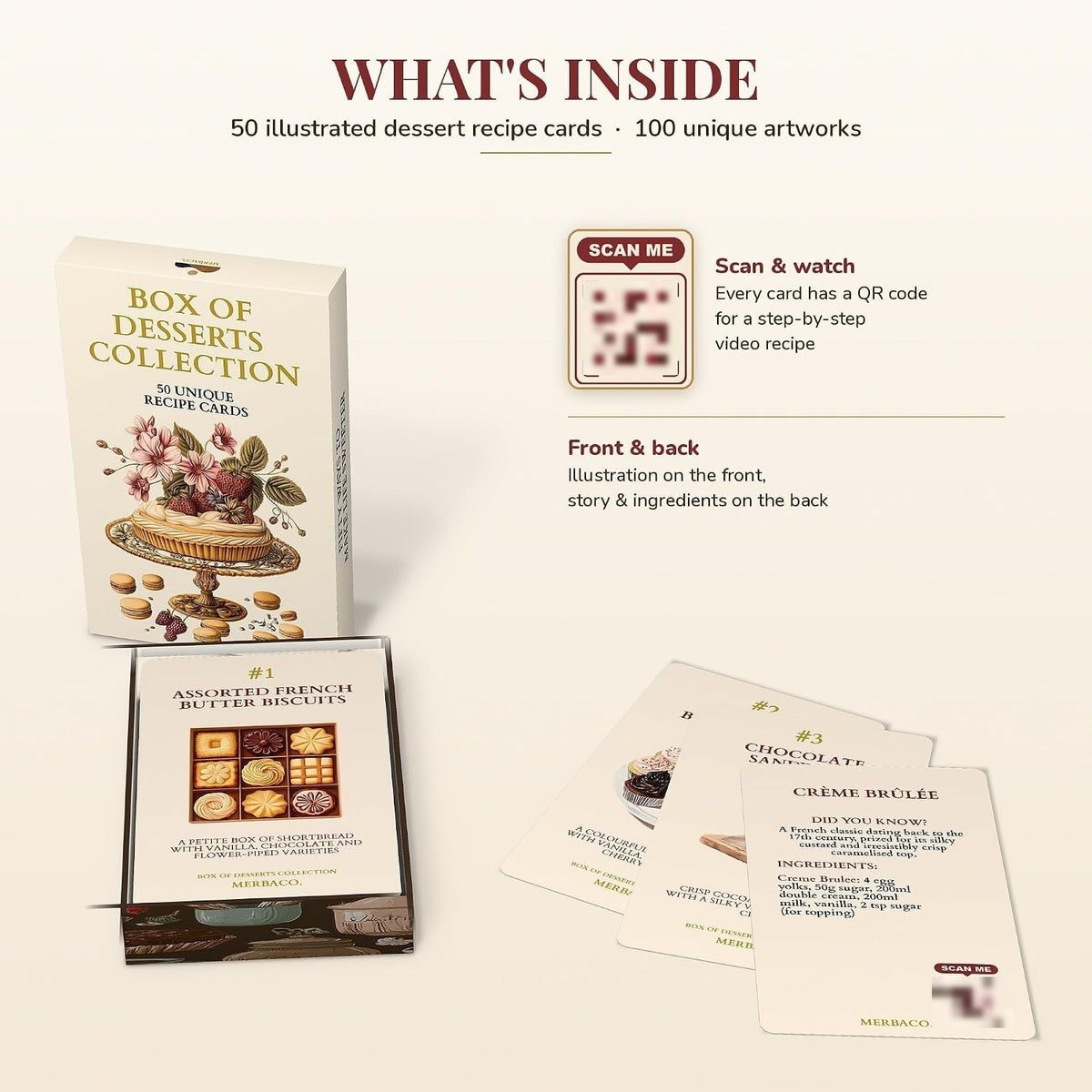 What's inside: 50 illustrated dessert recipe cards with QR codes and 100 artworks
