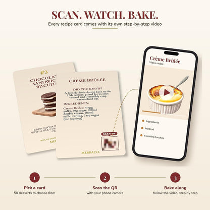 Scan, watch, bake: each card's QR code opens a step-by-step video recipe