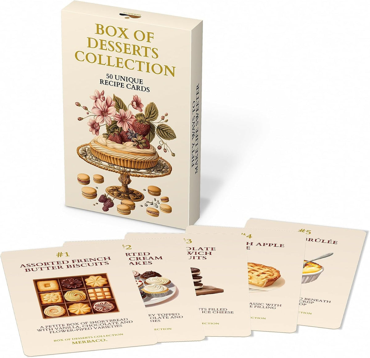 Box of Desserts Collection gift box with illustrated dessert recipe cards fanned out