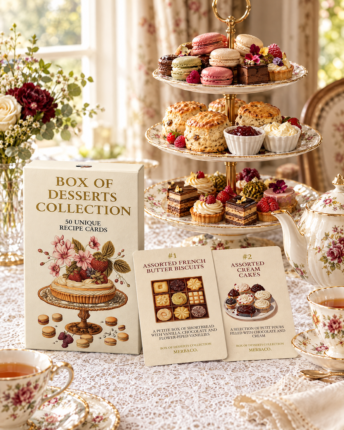 Box of Desserts with recipe cards beside an afternoon tea cake stand