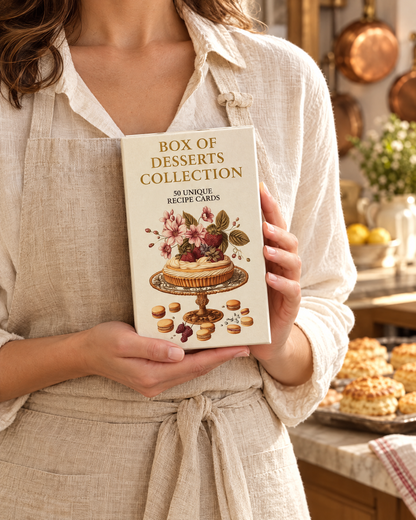 Baker in a linen apron holding the Box of Desserts gift box