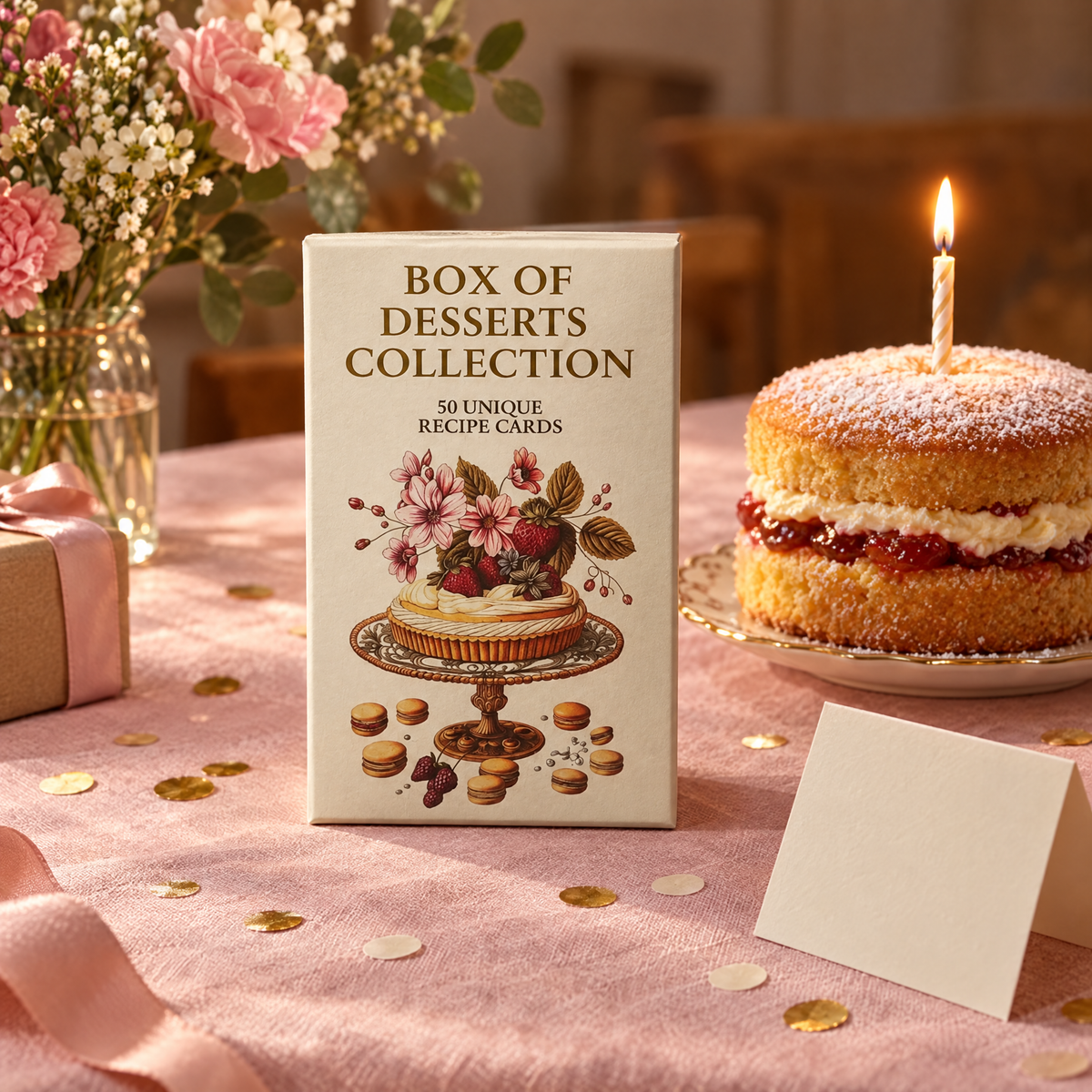 Box of Desserts as a birthday gift next to a Victoria sponge with a candle