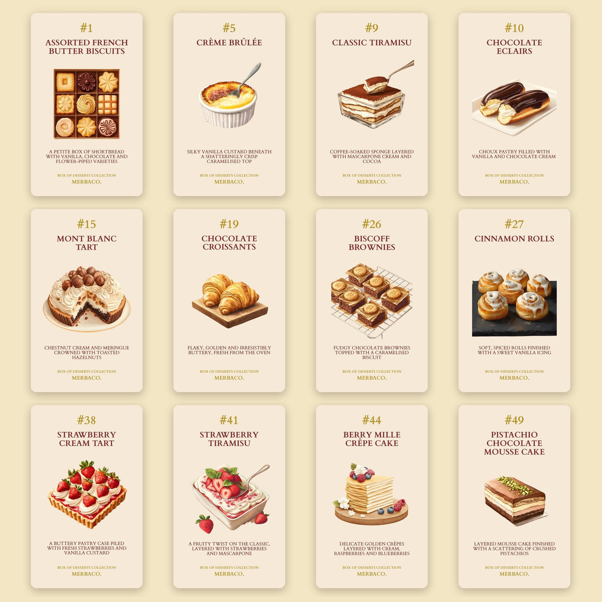 Twelve of the 50 illustrated recipe cards: crème brûlée, tiramisu, eclairs, Mont Blanc, croissants, Biscoff brownies and more
