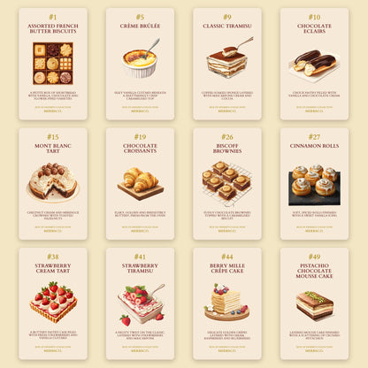 Twelve of the 50 illustrated recipe cards: crème brûlée, tiramisu, eclairs, Mont Blanc, croissants, Biscoff brownies and more