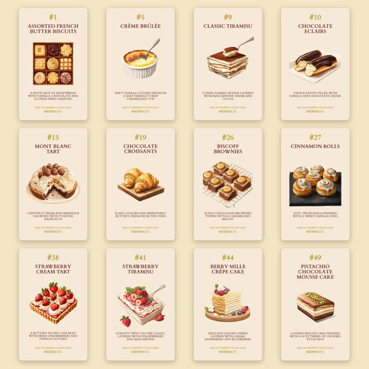 Twelve of the 50 illustrated recipe cards: crème brûlée, tiramisu, eclairs, Mont Blanc, croissants, Biscoff brownies and more