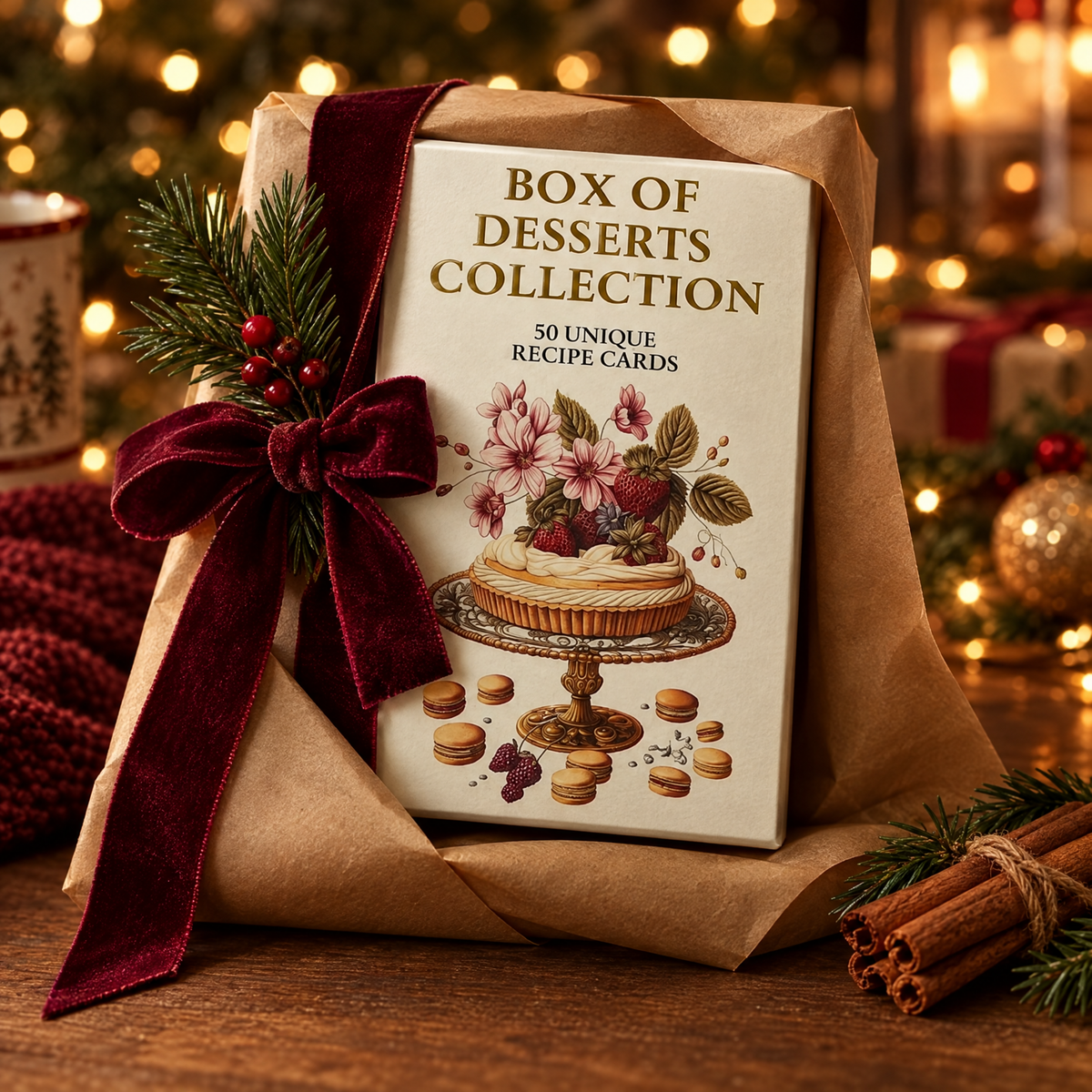 Box of Desserts wrapped as a Christmas gift with a bordeaux velvet ribbon