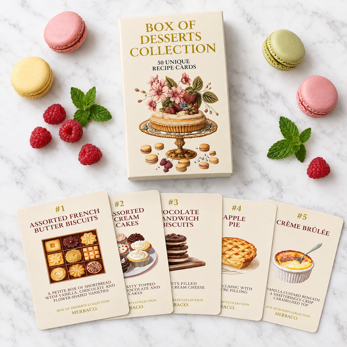 Box of Desserts with five illustrated recipe cards fanned out on marble