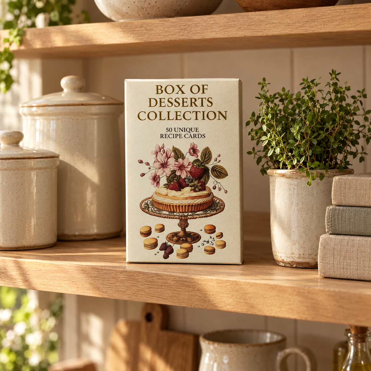 Box of Desserts gift box on an oak kitchen shelf
