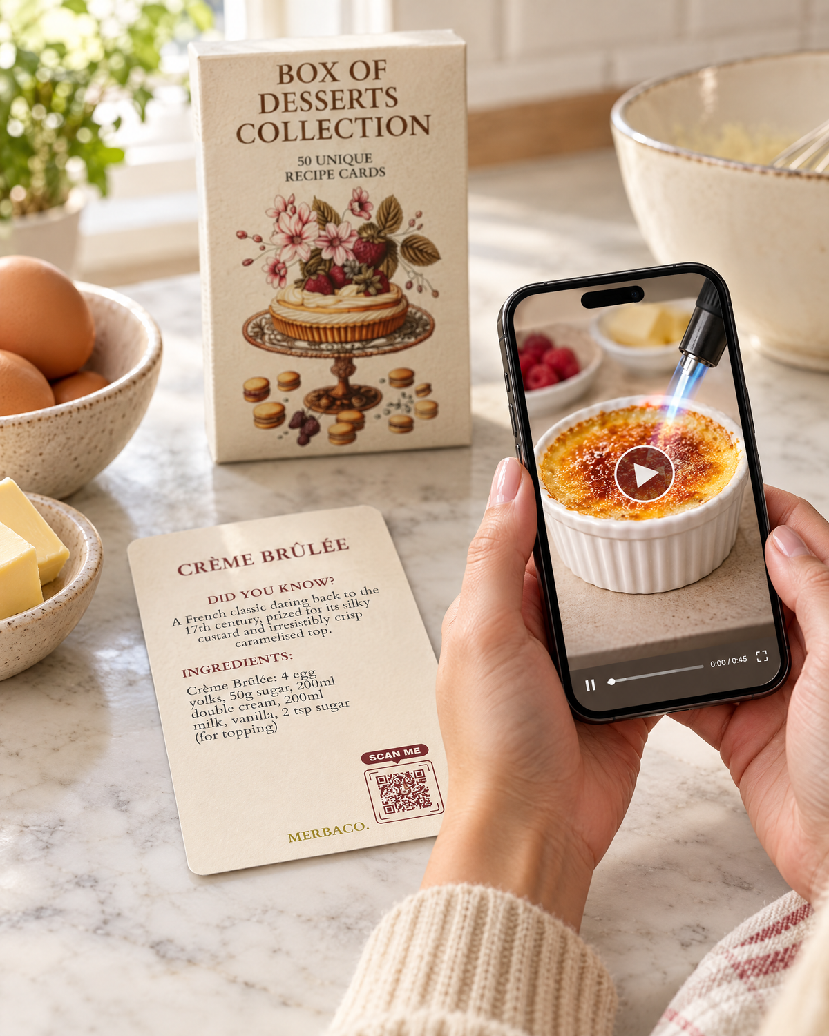 Scanning the QR code on the Crème Brûlée recipe card to watch the video recipe