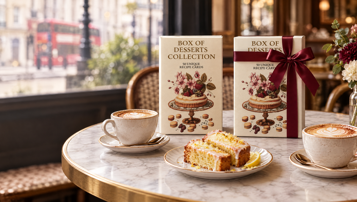 Two Box of Desserts gift boxes, one tied with a ribbon, on a London café table